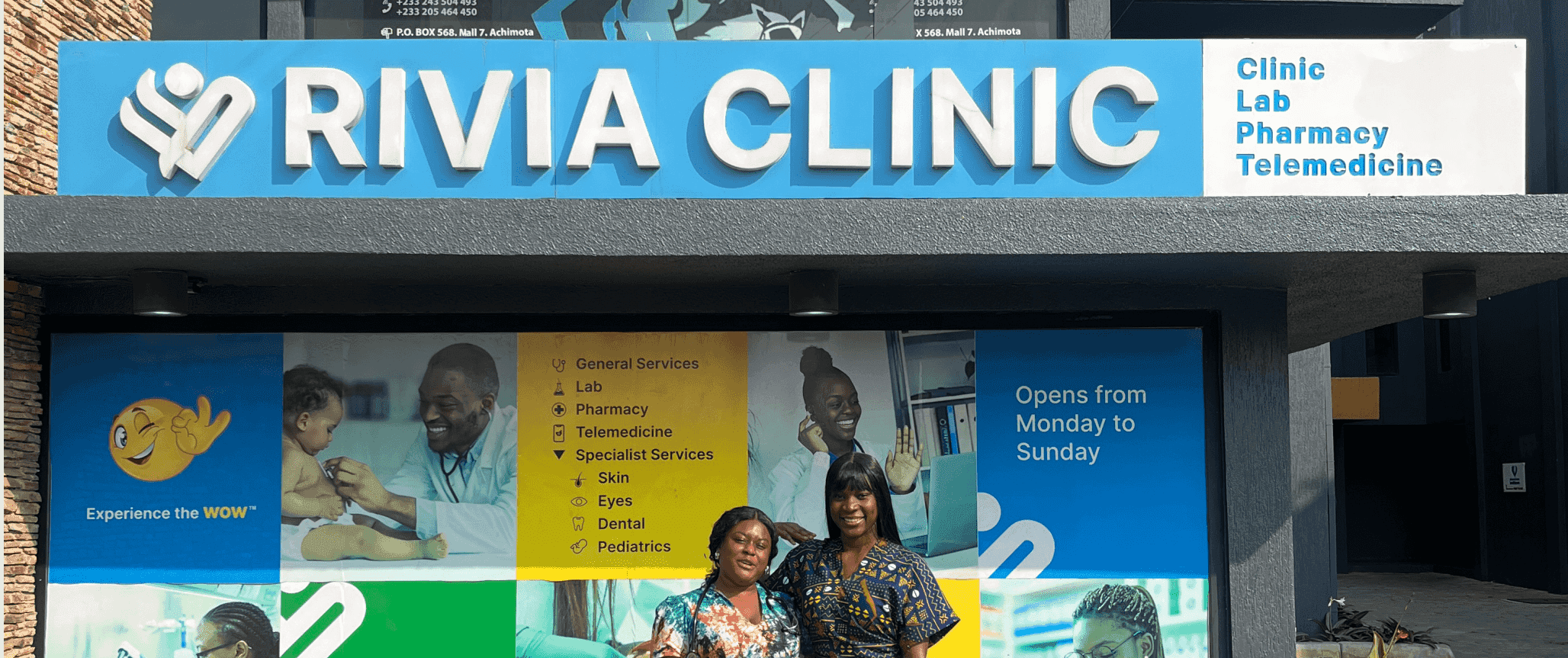 Rivia Clinic storefront with signage for clinic, lab, pharmacy, and telemedicine services
