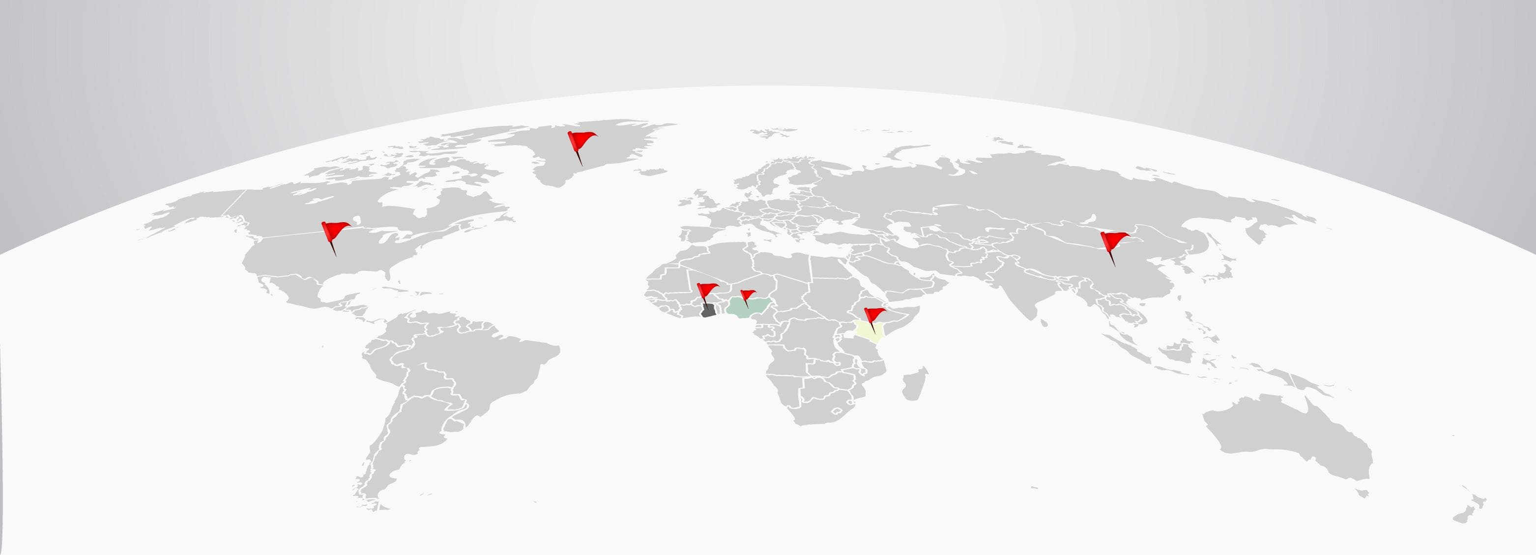 Stylized world map with red flags marking global investor locations in North America, Greenland, Africa, and Asia.