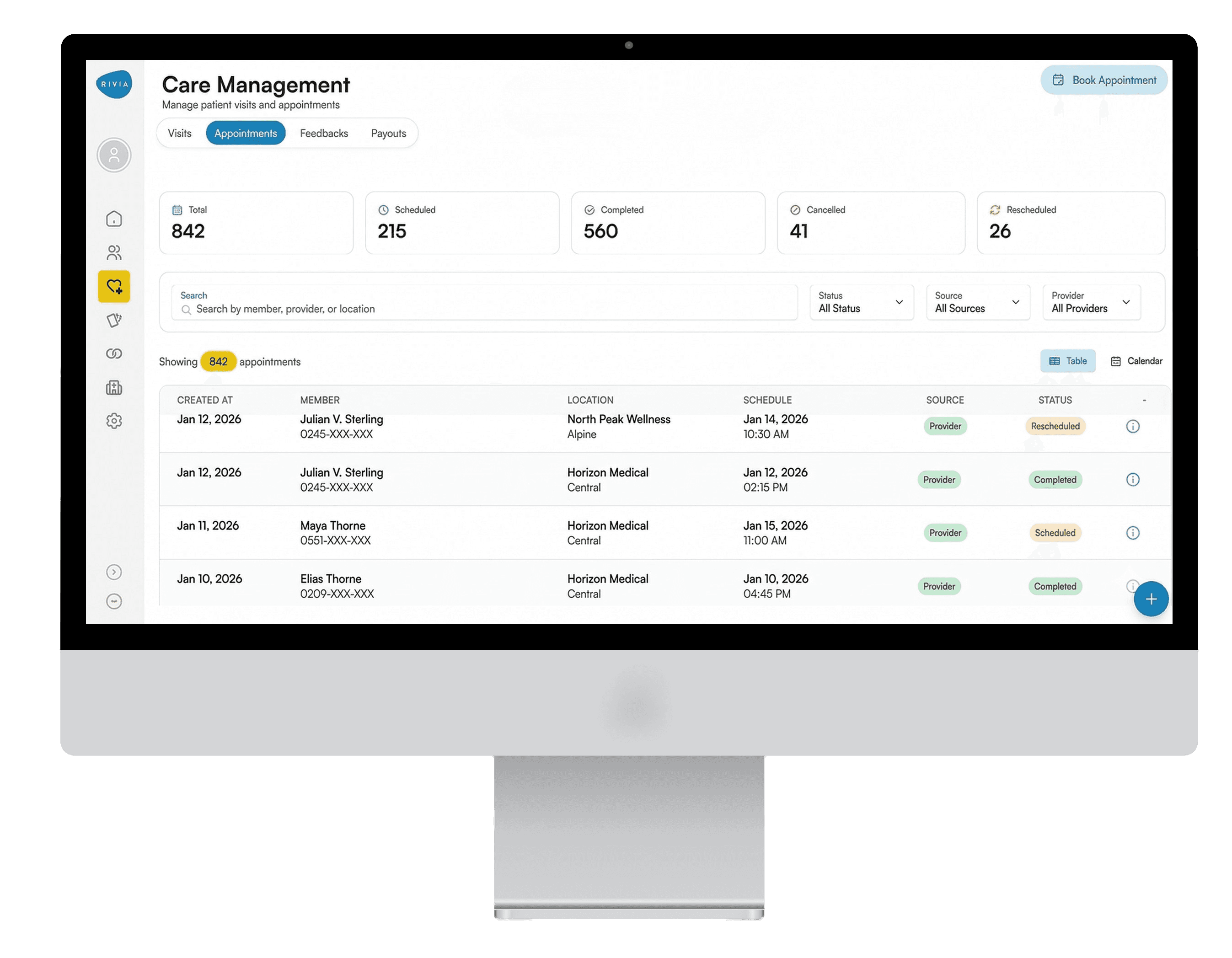 RiviaOS care management dashboard — appointments and visits